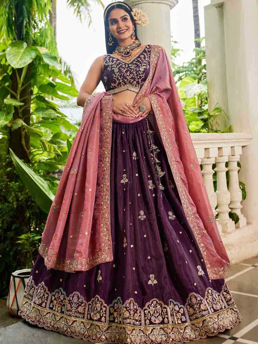 Wine Tissue Embroidered Reception Wedding Heavy Border Lehenga Choli