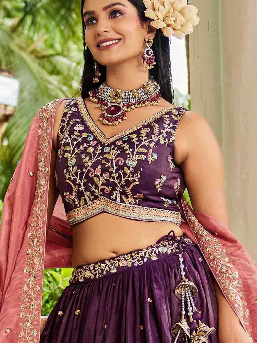 Wine Tissue Embroidered Reception Wedding Heavy Border Lehenga Choli