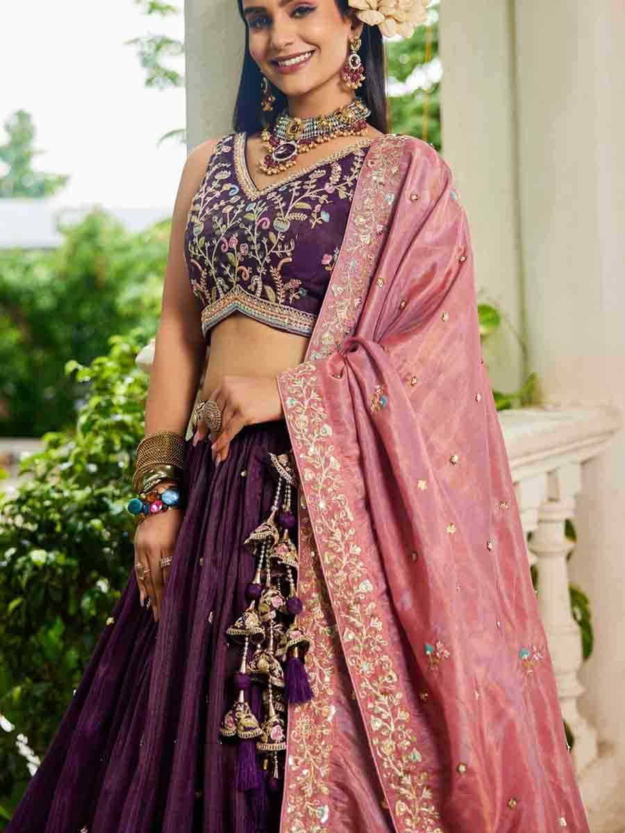 Wine Tissue Embroidered Reception Wedding Heavy Border Lehenga Choli