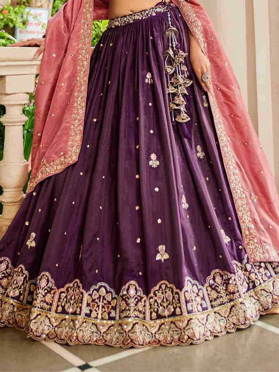 Wine Tissue Embroidered Reception Wedding Heavy Border Lehenga Choli