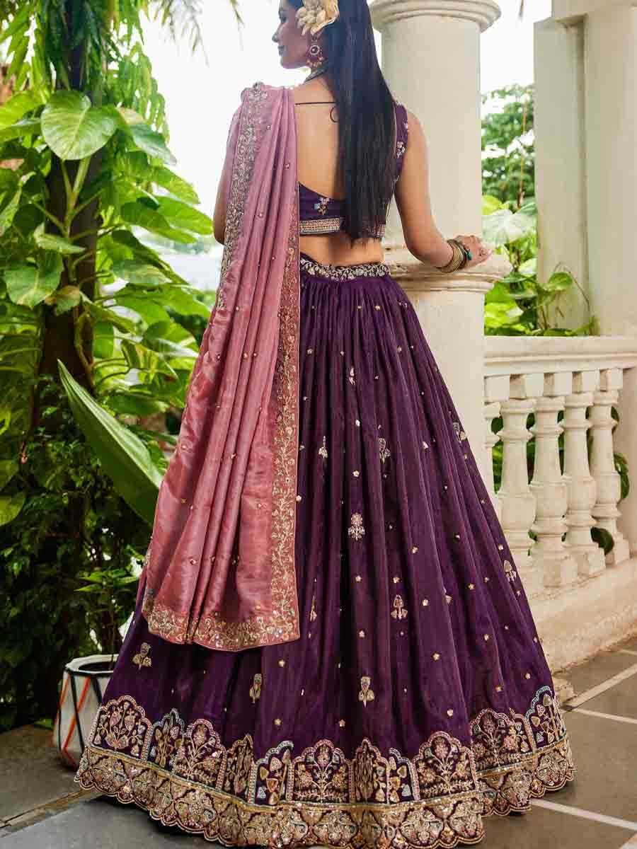 Wine Tissue Embroidered Reception Wedding Heavy Border Lehenga Choli