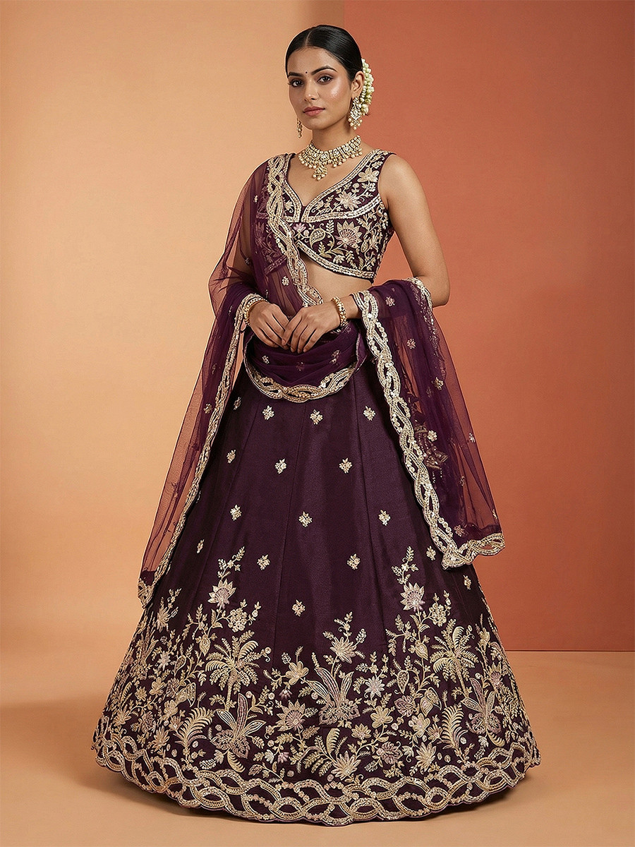 Wine Tissue Embroidery Zari Sequins Wedding Reception Party Wear Festival Heavy Border Lehenga Choli