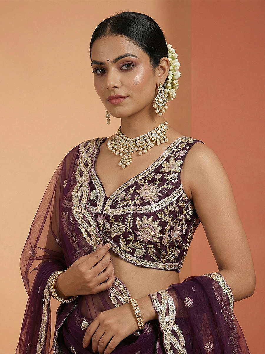 Wine Tissue Embroidery Zari Sequins Wedding Reception Party Wear Festival Heavy Border Lehenga Choli