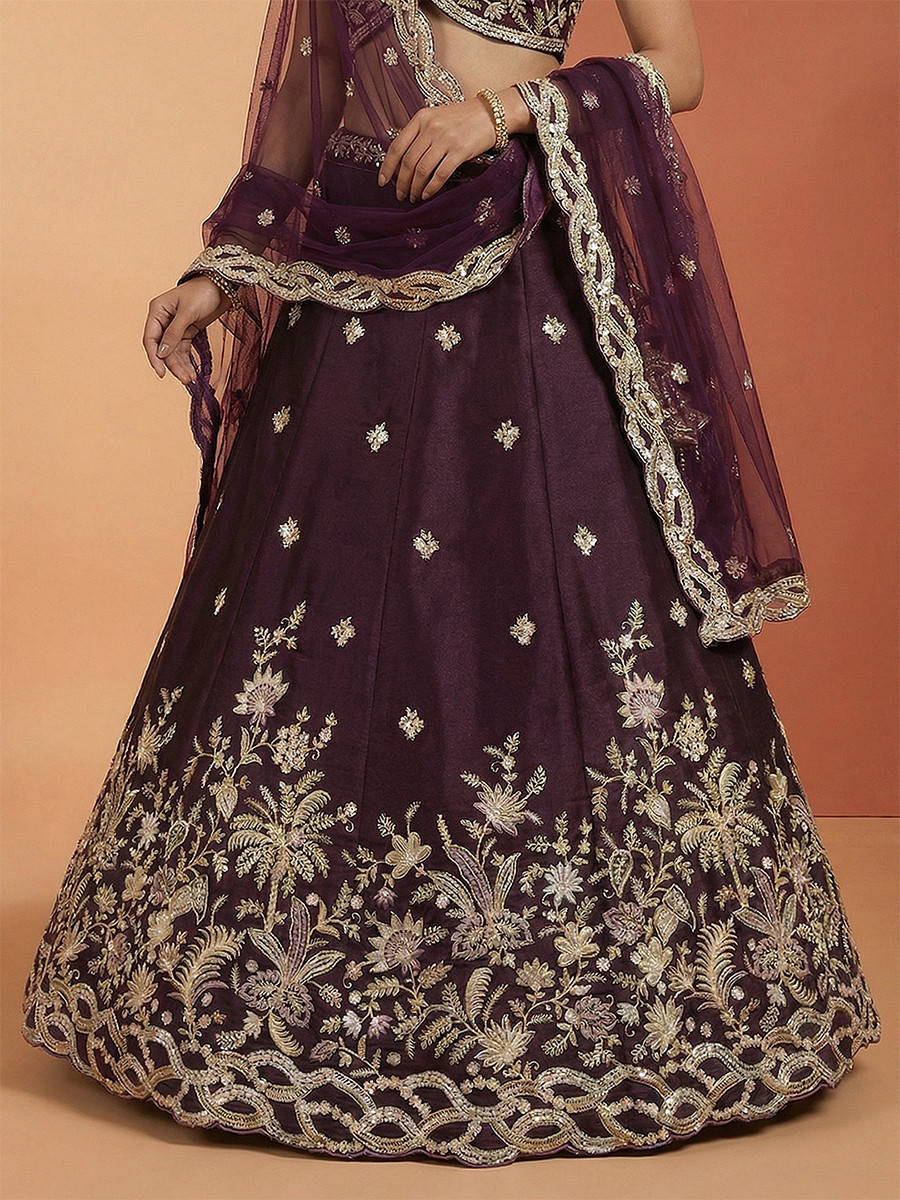 Wine Tissue Embroidery Zari Sequins Wedding Reception Party Wear Festival Heavy Border Lehenga Choli
