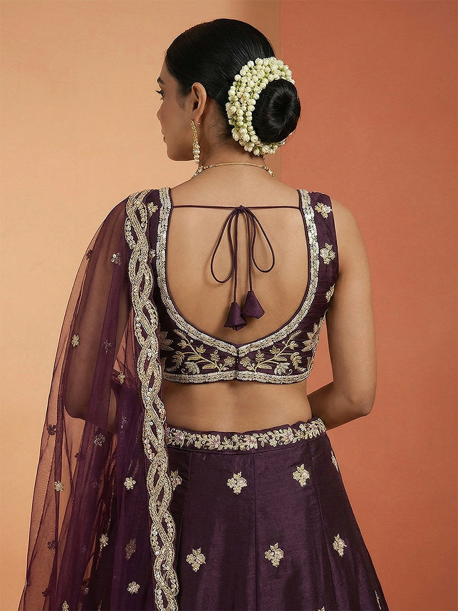 Wine Tissue Embroidery Zari Sequins Wedding Reception Party Wear Festival Heavy Border Lehenga Choli