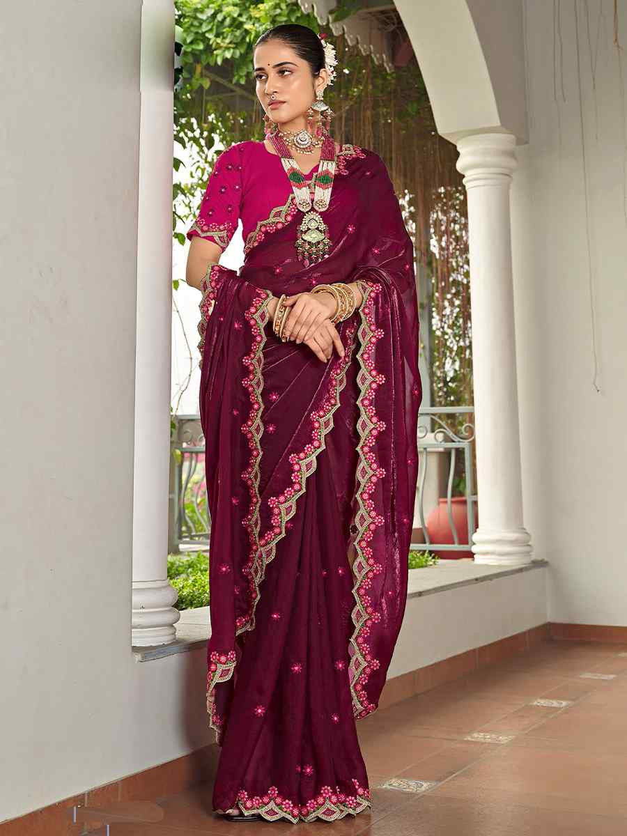 Wine Tissue Silk Embroidered Festival Wedding Fancy Heavy Border Saree