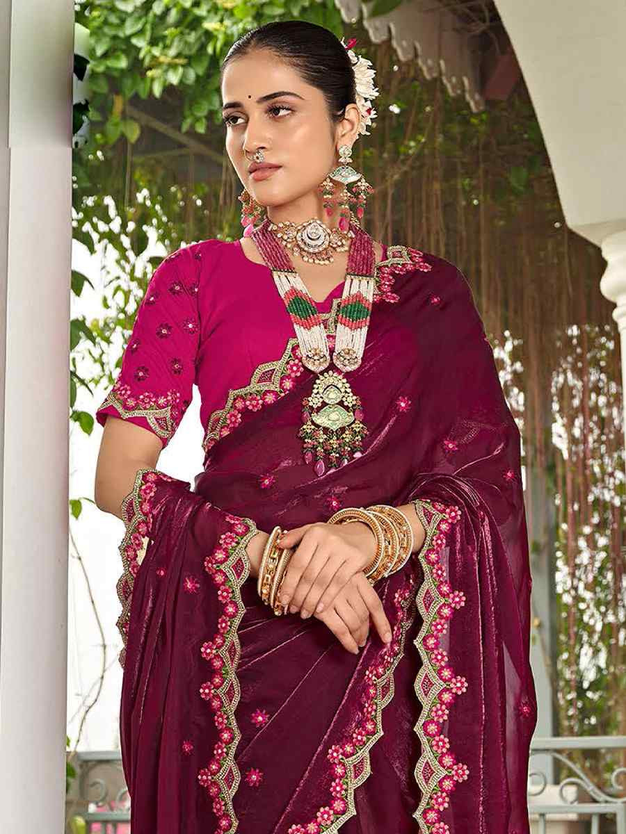 Wine Tissue Silk Embroidered Festival Wedding Fancy Heavy Border Saree