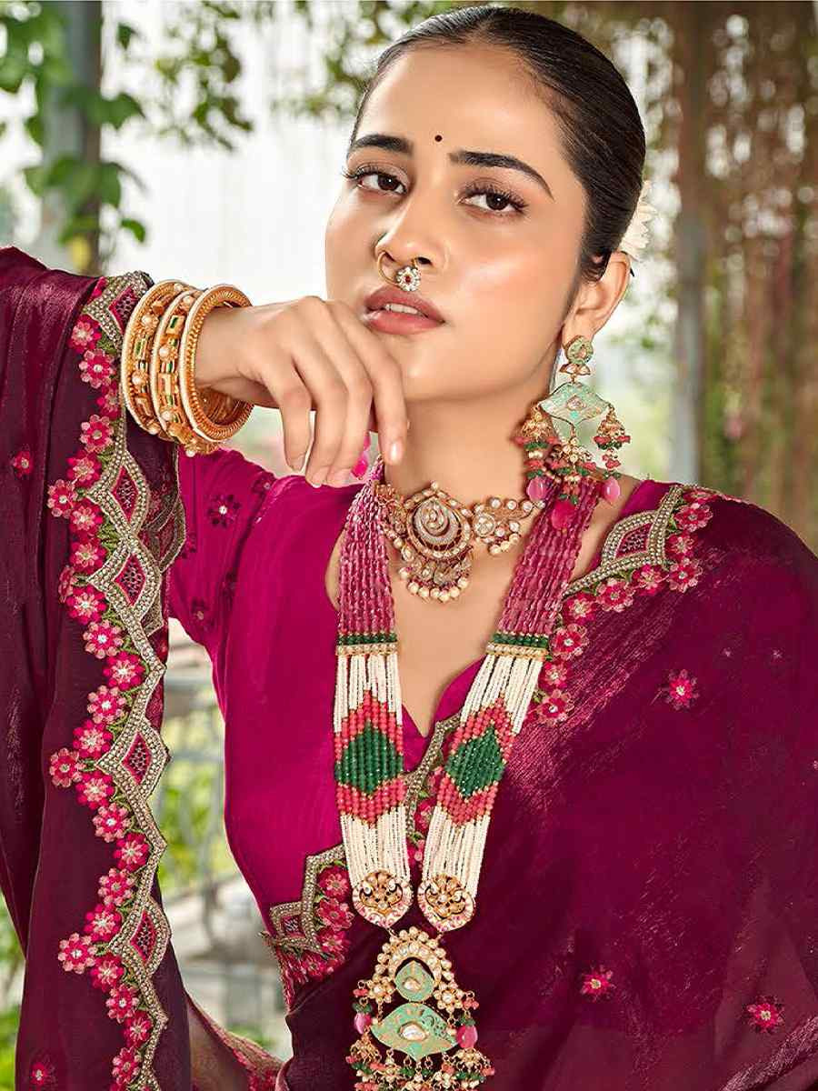 Wine Tissue Silk Embroidered Festival Wedding Fancy Heavy Border Saree