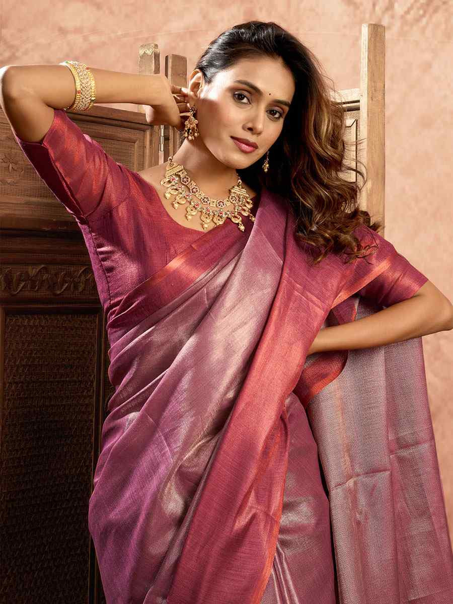 Wine Tissue Silk Handwoven Festival Wedding Fancy Heavy Border Saree