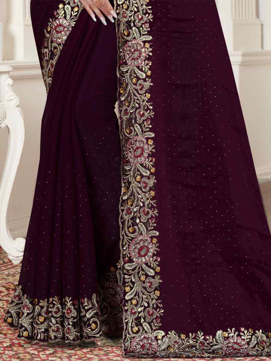 Wine Tom Satin Silk Embroidered Wedding Festival Heavy Border Saree