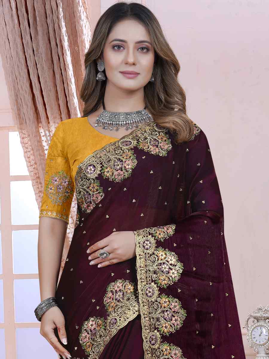 Wine Tom Satin Silk Embroidered Wedding Festival Heavy Border Saree