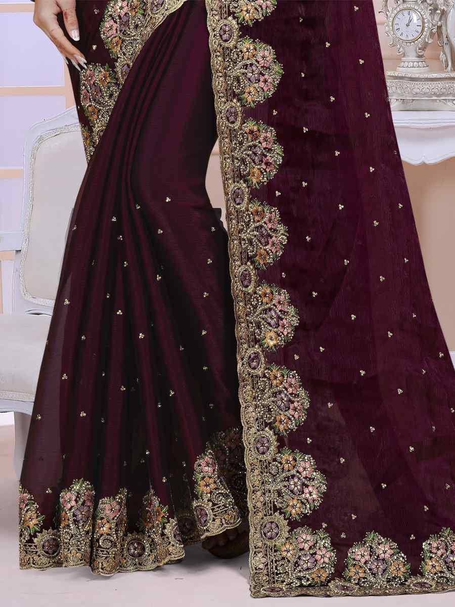 Wine Tom Satin Silk Embroidered Wedding Festival Heavy Border Saree