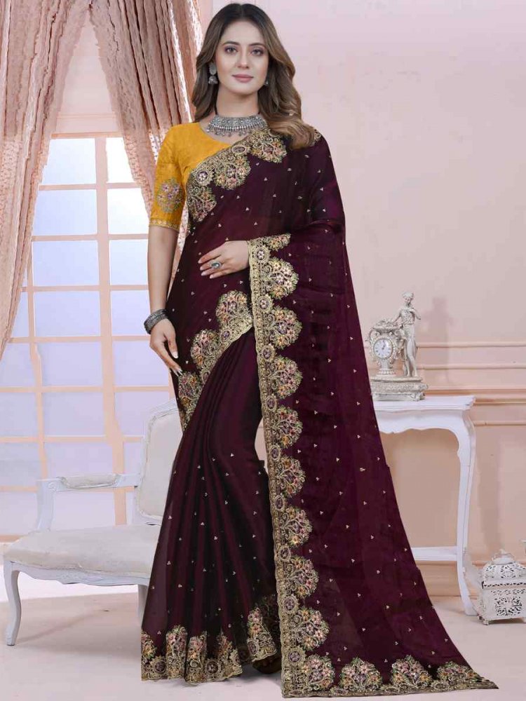 Wine Tom Satin Silk Embroidered Wedding Festival Heavy Border Saree