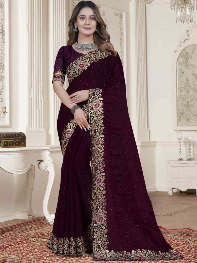 Wine Tom Satin Silk Embroidered Wedding Festival Heavy Border Saree