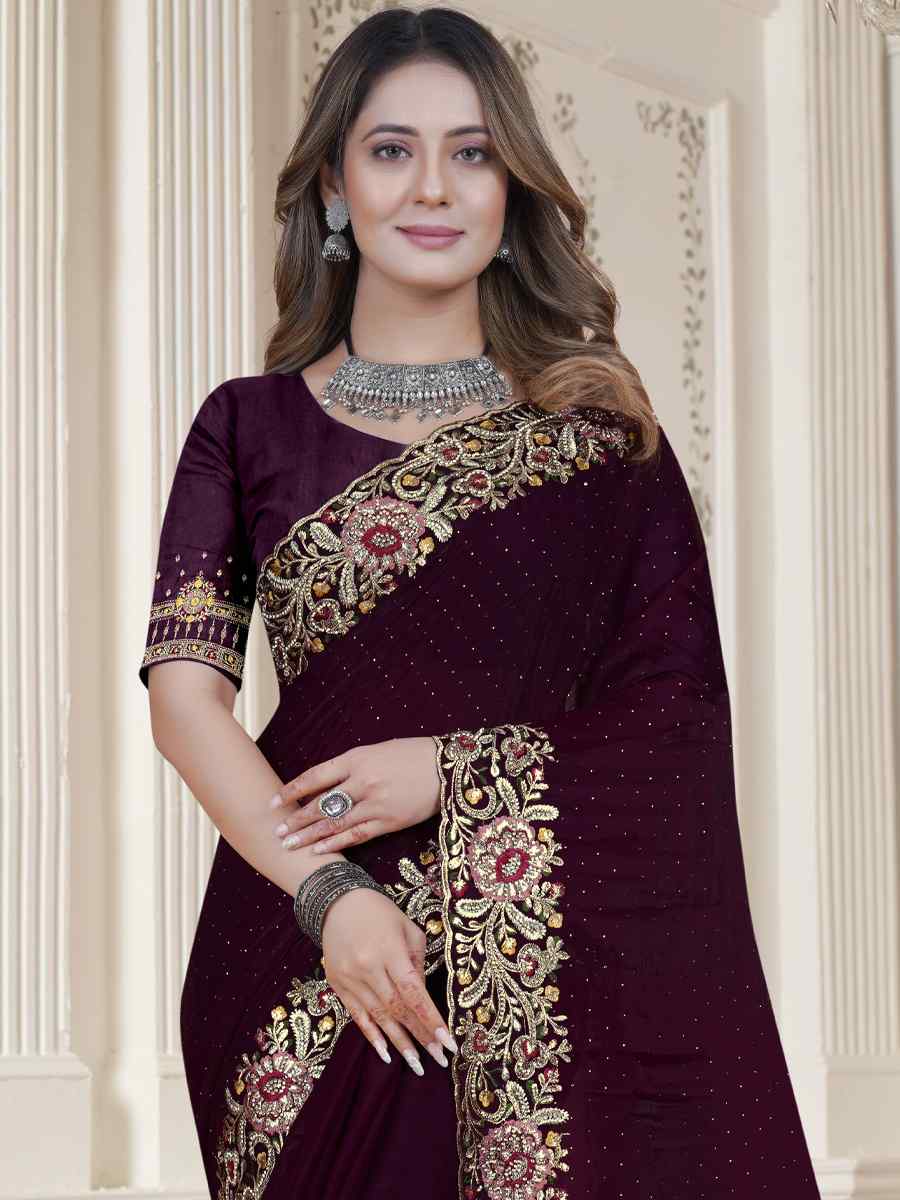 Wine Tom Satin Silk Embroidered Wedding Festival Heavy Border Saree