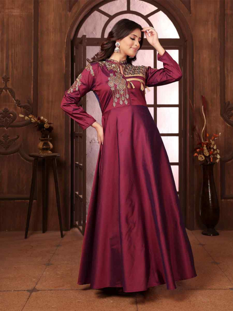 Image of Wine Triva Silk Embroidered Festival Casual Gown Women Wear