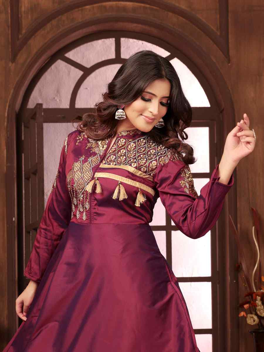 Wine Triva Silk Embroidered Festival Casual Gown Women Wear