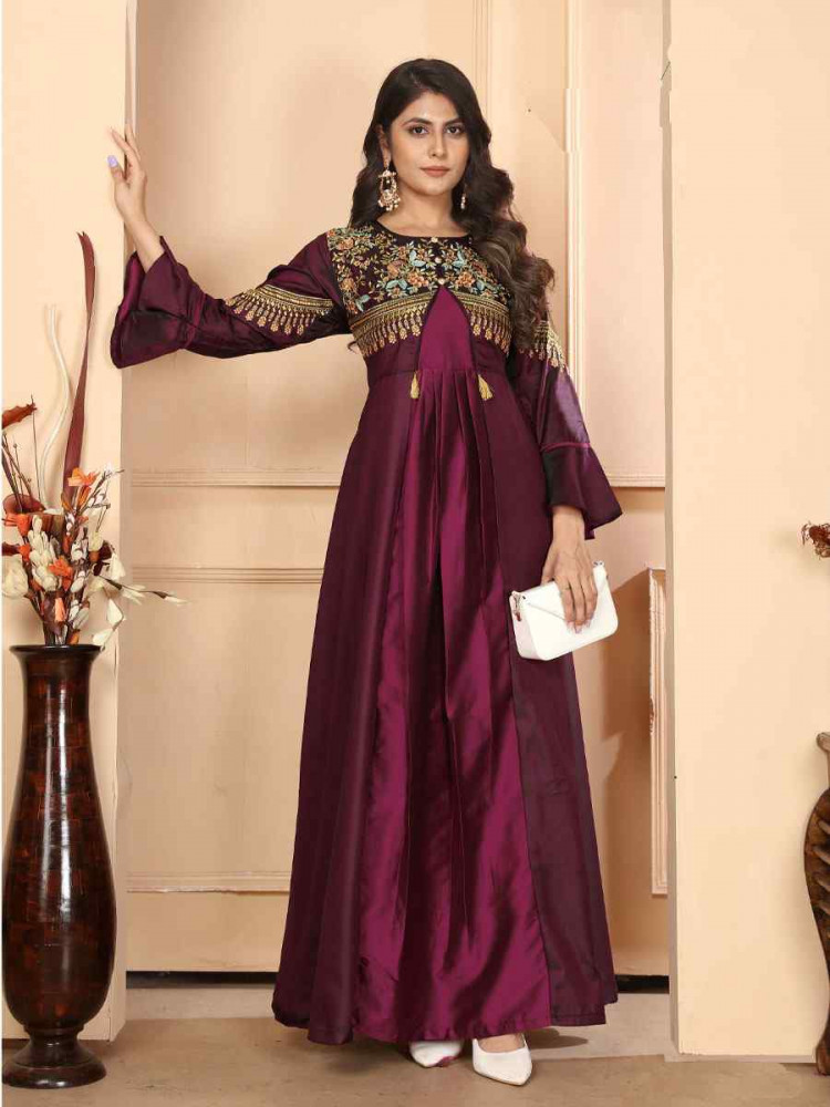 Image of Wine Triva Silk Embroidered Festival Casual Gown Women Wear