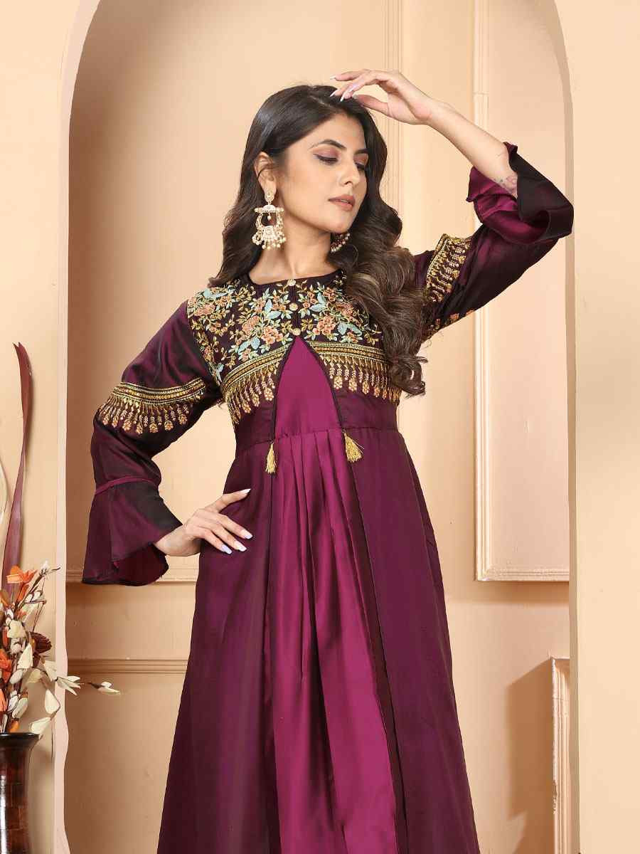 Wine Triva Silk Embroidered Festival Casual Gown Women Wear