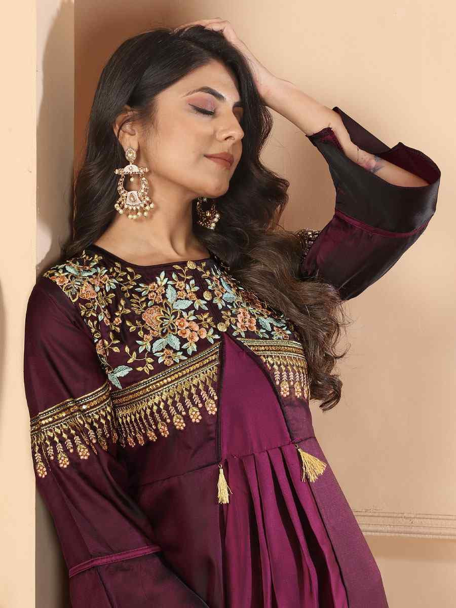 Wine Triva Silk Embroidered Festival Casual Gown Women Wear