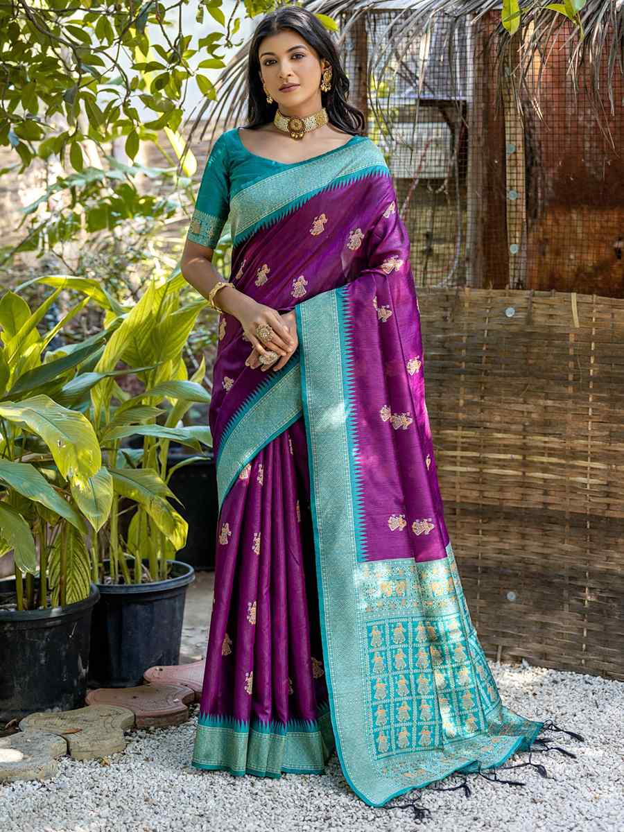 Wine Tussar Silk Handwoven Wedding Festival Heavy Border Saree