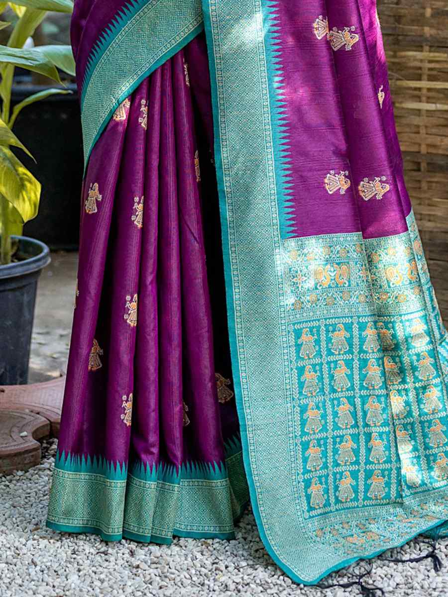 Wine Tussar Silk Handwoven Wedding Festival Heavy Border Saree