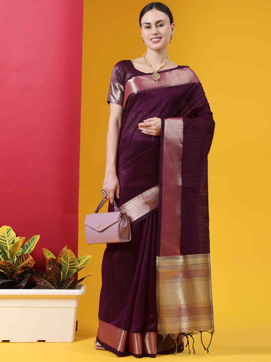 Wine Tussar Silk Handwoven Wedding Festival Heavy Border Saree