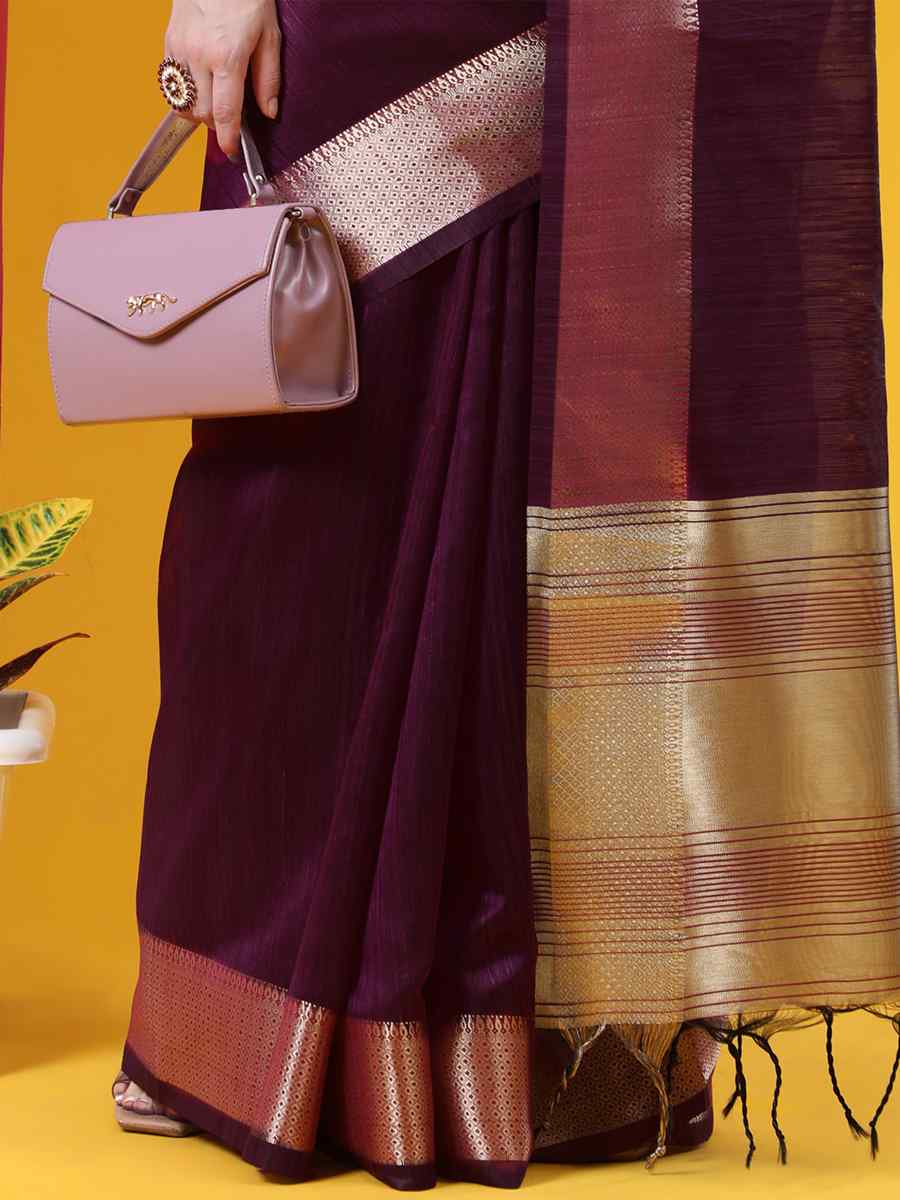 Wine Tussar Silk Handwoven Wedding Festival Heavy Border Saree