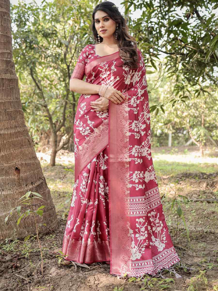 Image of Wine Tussar Silk Zari Handwoven Printed Casual Reception Festival Wedding Fancy Heavy Border Saree