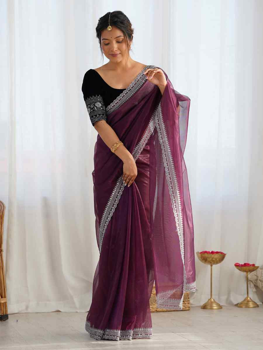 Wine Twill Net Embroidered Festival Wedding Fancy Heavy Border Saree
