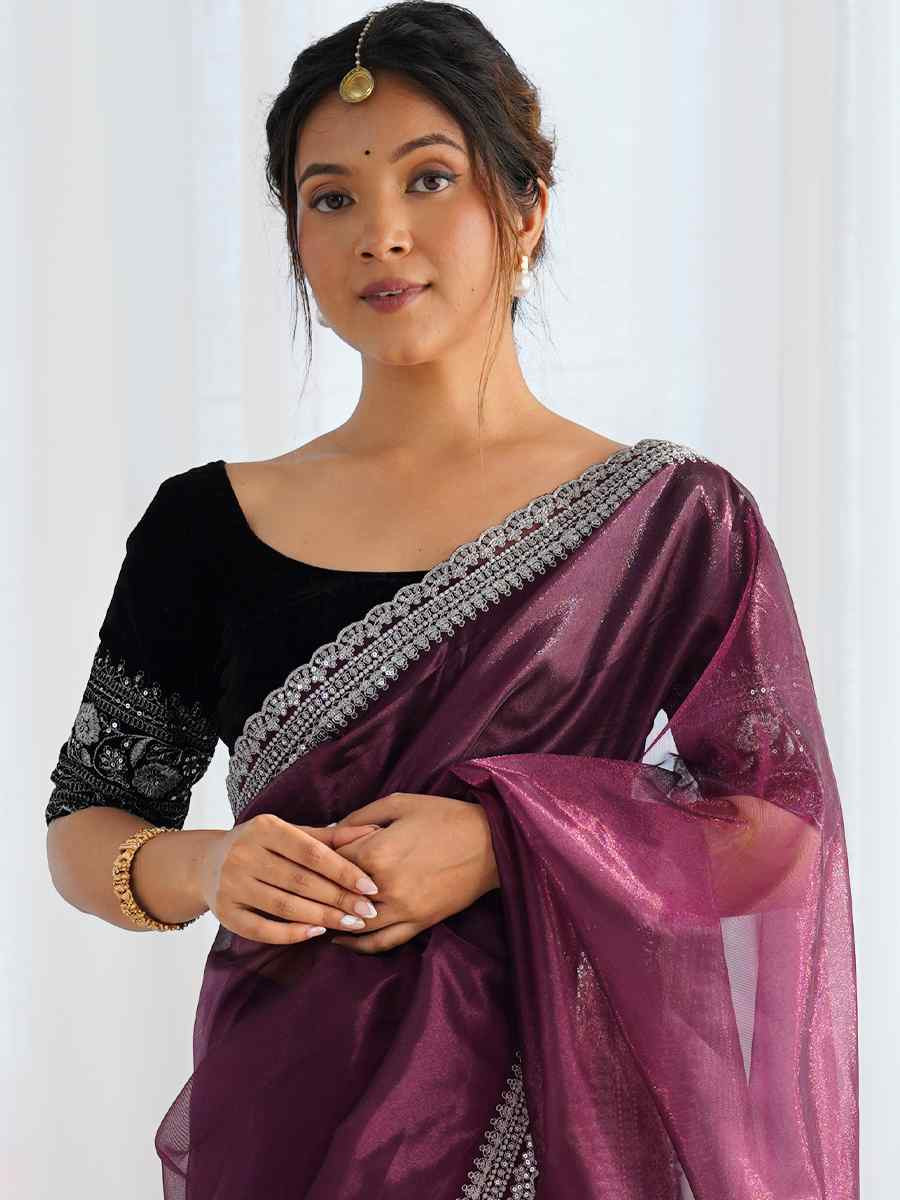 Wine Twill Net Embroidered Festival Wedding Fancy Heavy Border Saree