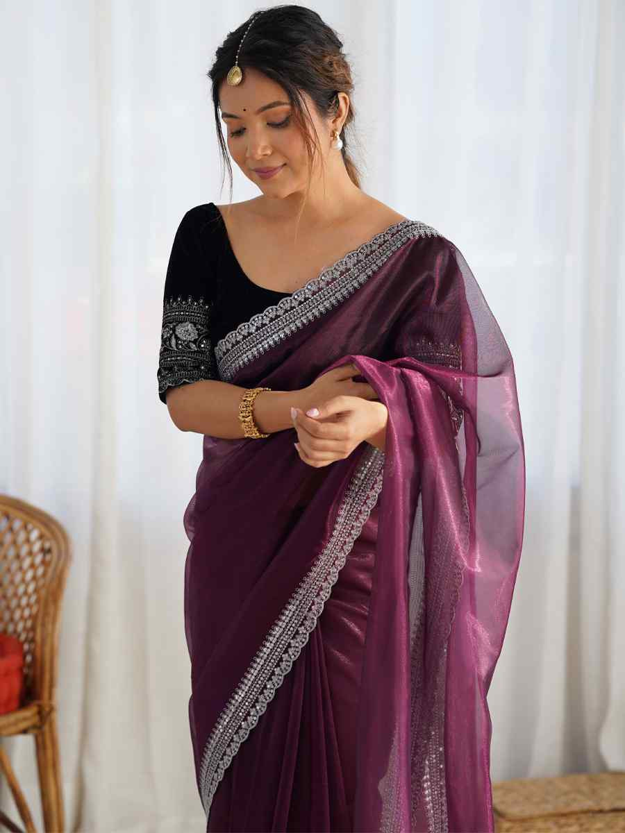 Wine Twill Net Embroidered Festival Wedding Fancy Heavy Border Saree