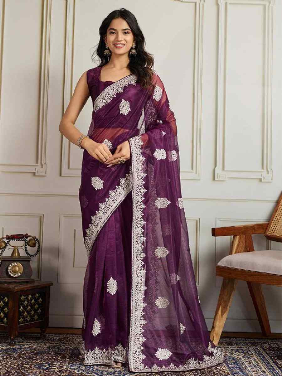 Wine Twill Net Embroidery Traditional Bridal Reception Festival Wedding Fancy Heavy Border Saree