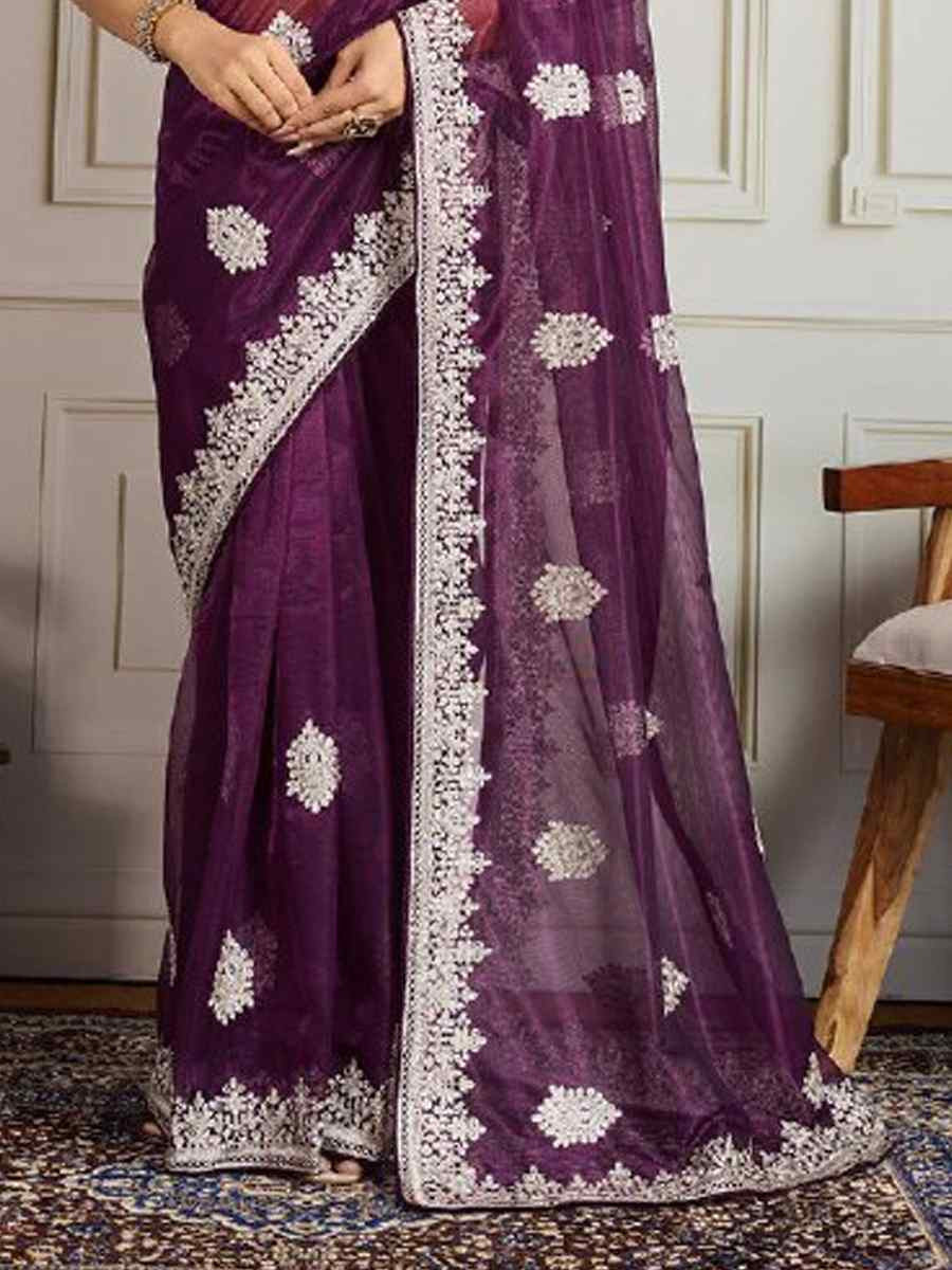 Wine Twill Net Embroidery Traditional Bridal Reception Festival Wedding Fancy Heavy Border Saree