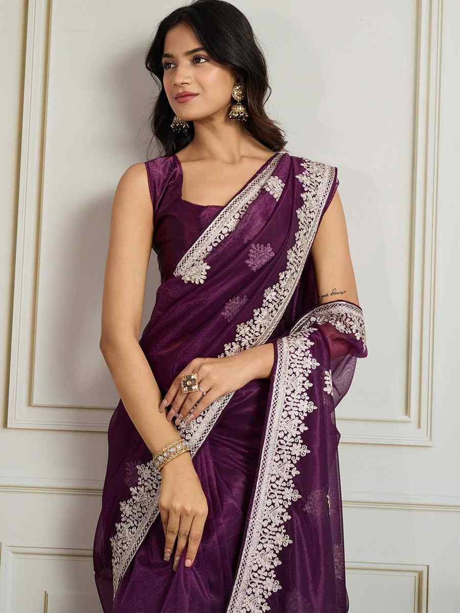 Wine Twill Net Embroidery Traditional Bridal Reception Festival Wedding Fancy Heavy Border Saree