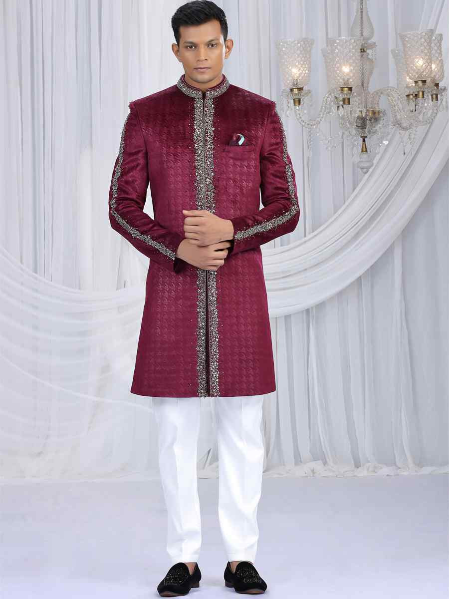 Wine Valvet Embroidered Festival Wedding Mens Sherwani