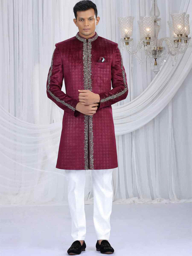 Image of Wine Valvet Embroidered Festival Wedding Mens Sherwani