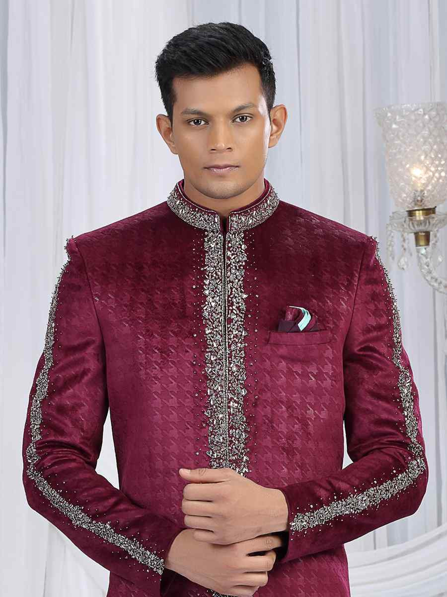 Wine Valvet Embroidered Festival Wedding Mens Sherwani