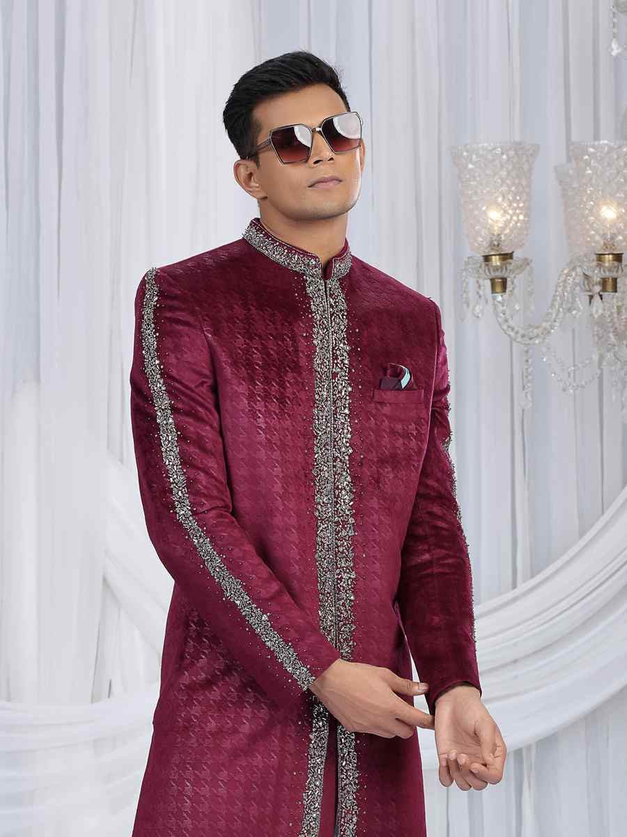 Wine Valvet Embroidered Festival Wedding Mens Sherwani