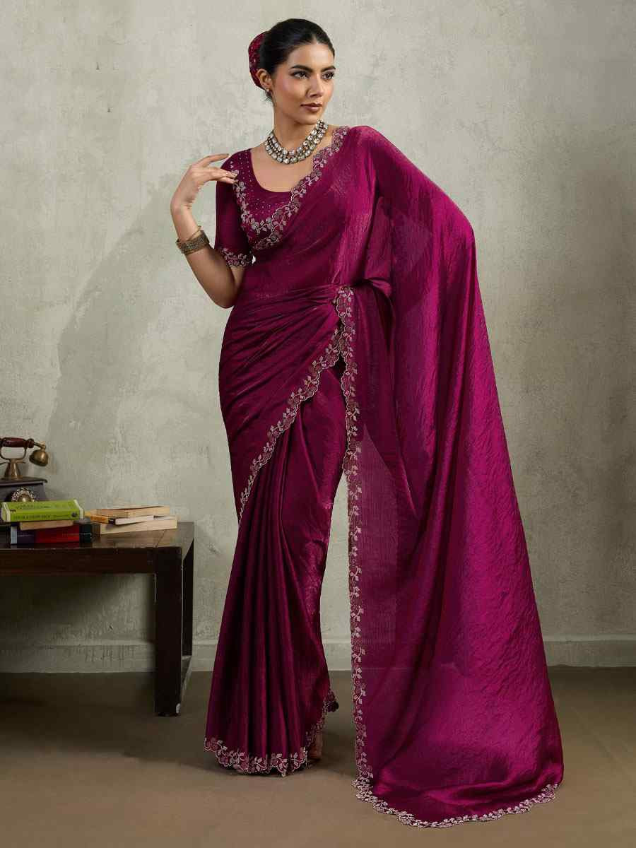 Wine Velvet Chiffon Embroidery Traditional Casual Reception Festival Wedding Fancy Heavy Border Saree