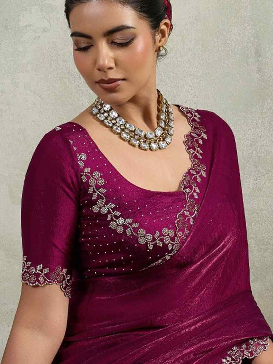 Wine Velvet Chiffon Embroidery Traditional Casual Reception Festival Wedding Fancy Heavy Border Saree