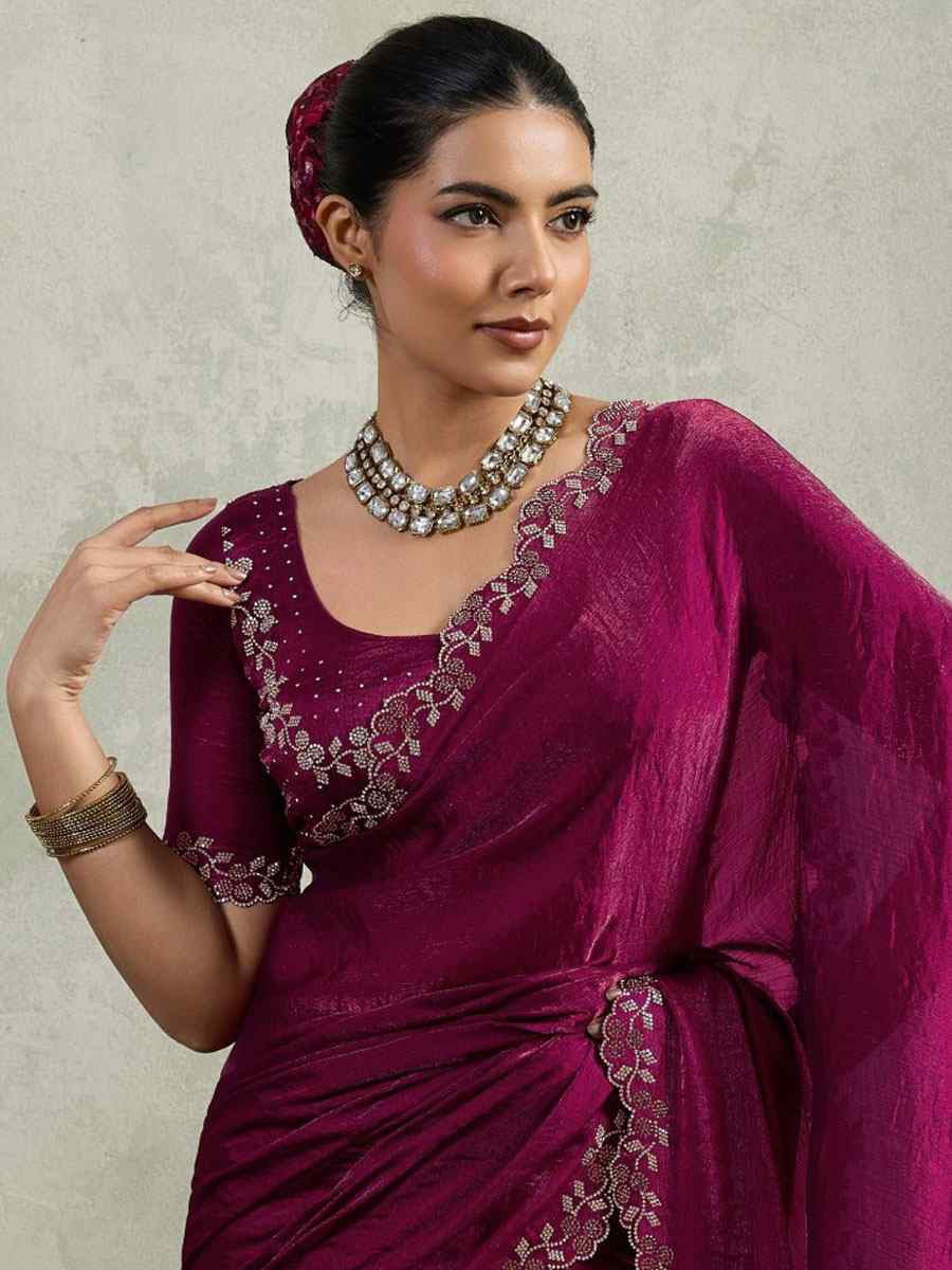 Wine Velvet Chiffon Embroidery Traditional Casual Reception Festival Wedding Fancy Heavy Border Saree