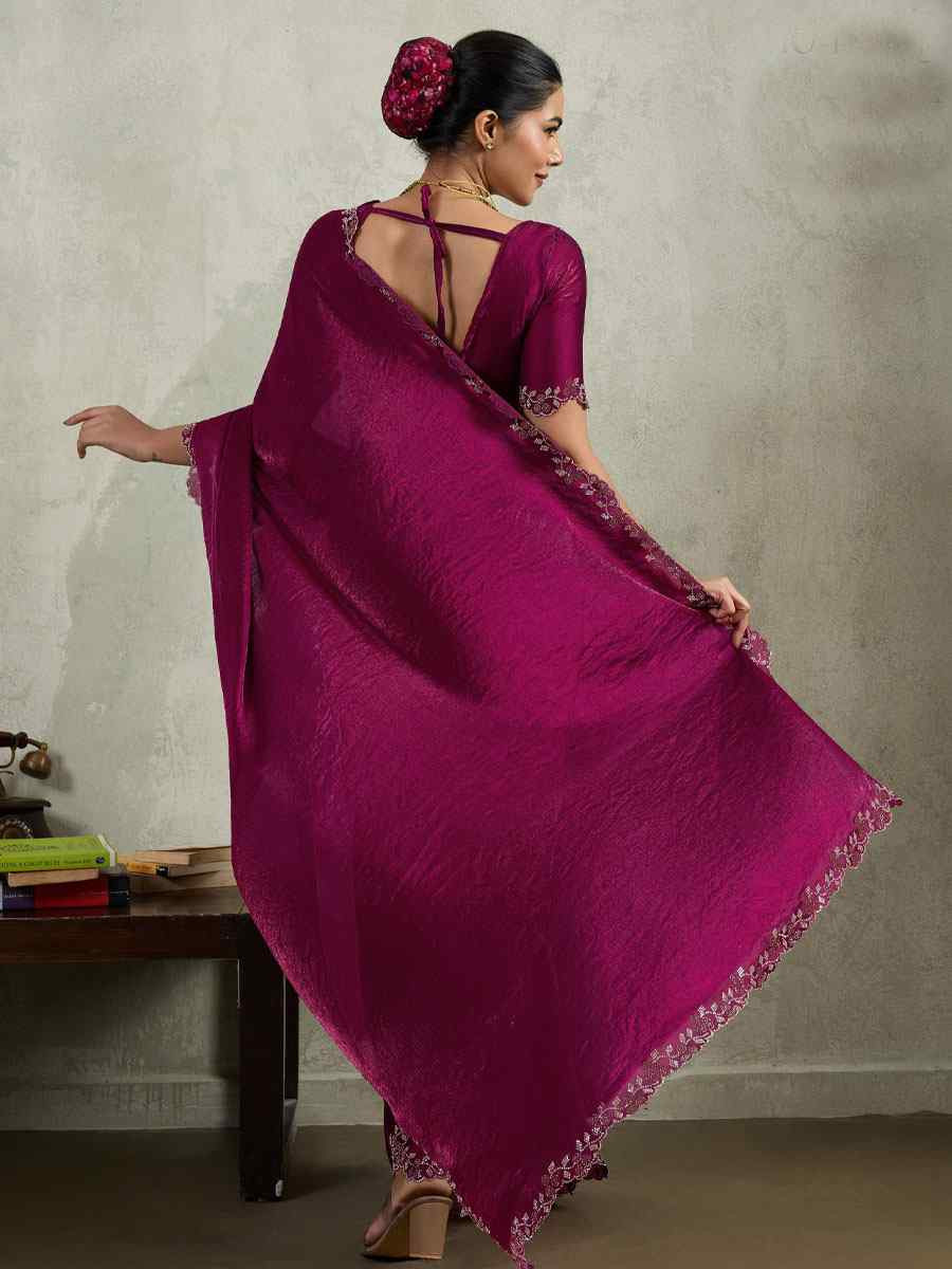 Wine Velvet Chiffon Embroidery Traditional Casual Reception Festival Wedding Fancy Heavy Border Saree