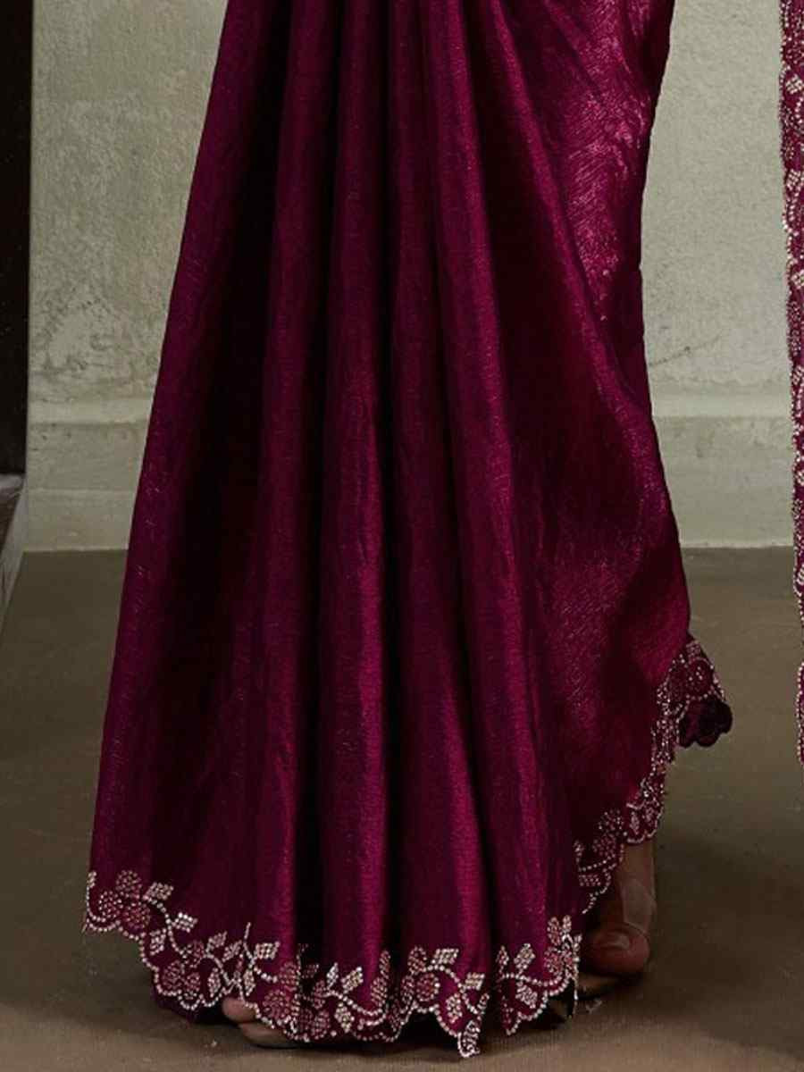 Wine Velvet Chiffon Embroidery Traditional Casual Reception Festival Wedding Fancy Heavy Border Saree