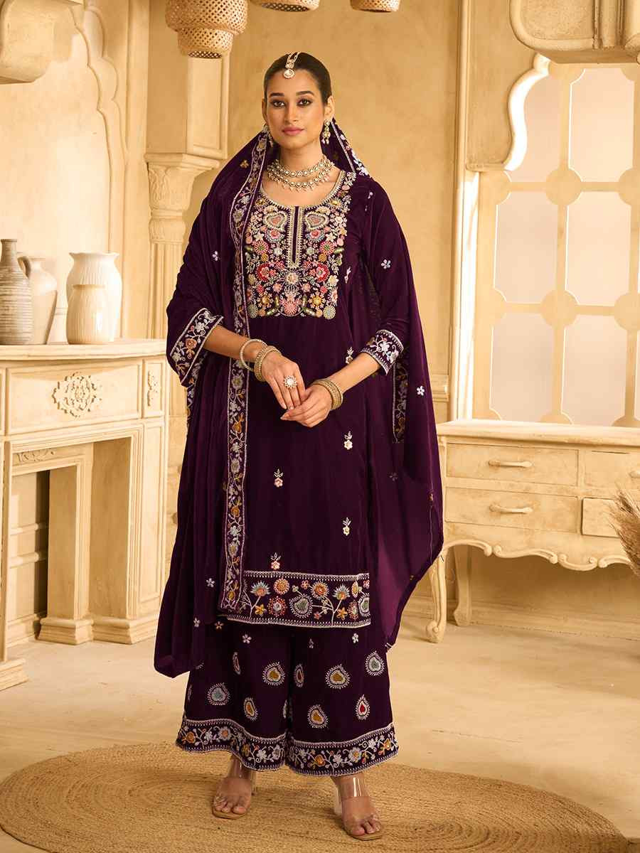 Wine Velvet Embroidered Festival Casual Palazzo Pant Salwar Kameez