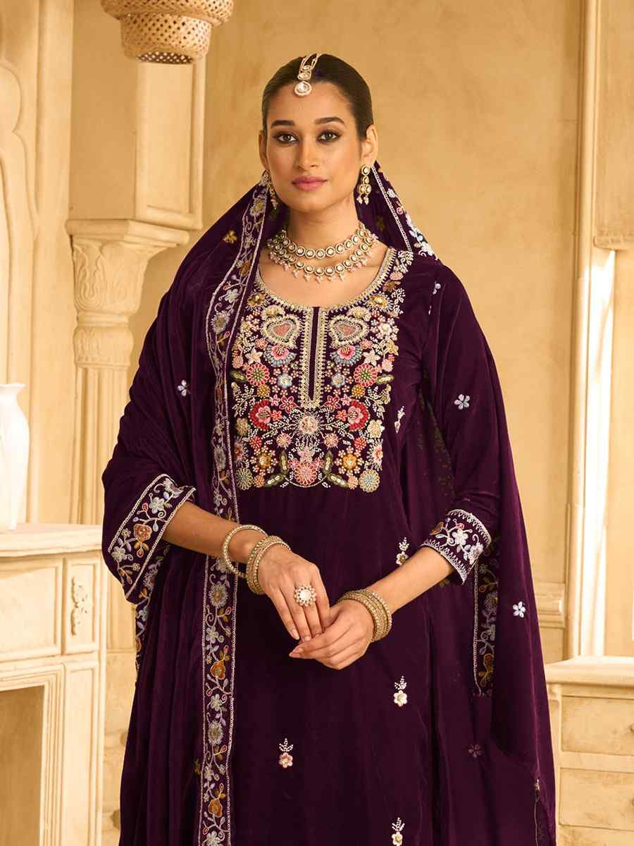 Wine Velvet Embroidered Festival Casual Palazzo Pant Salwar Kameez