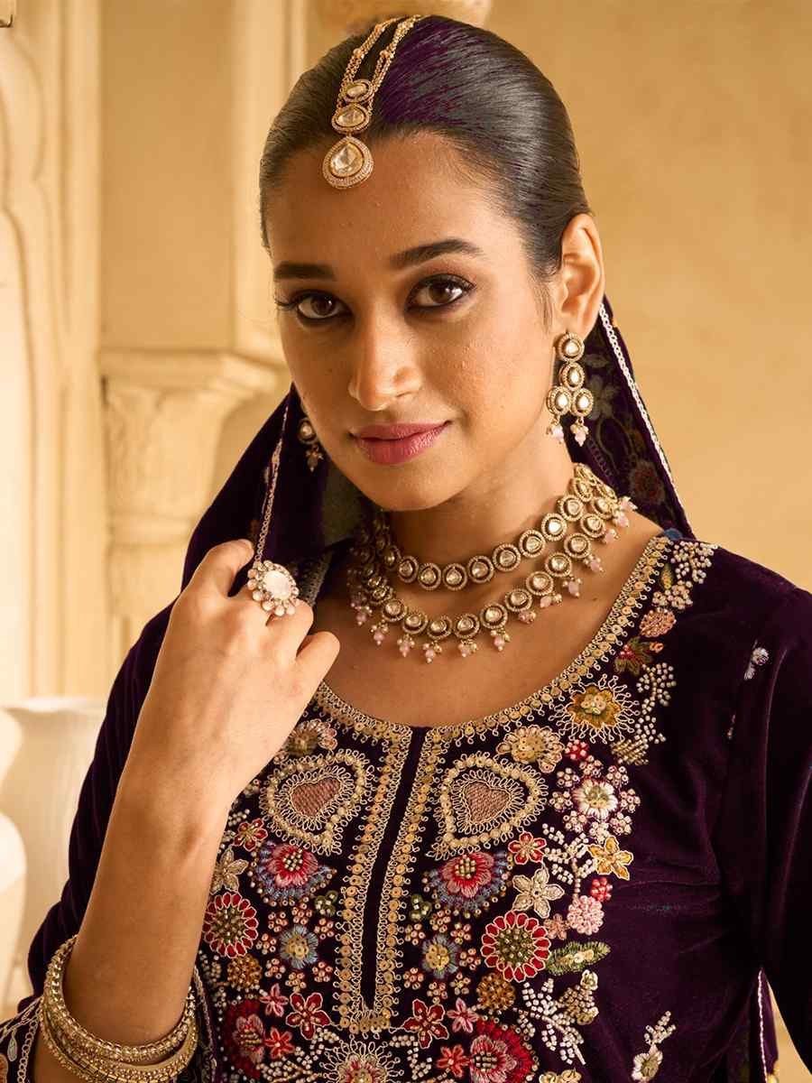 Wine Velvet Embroidered Festival Casual Palazzo Pant Salwar Kameez