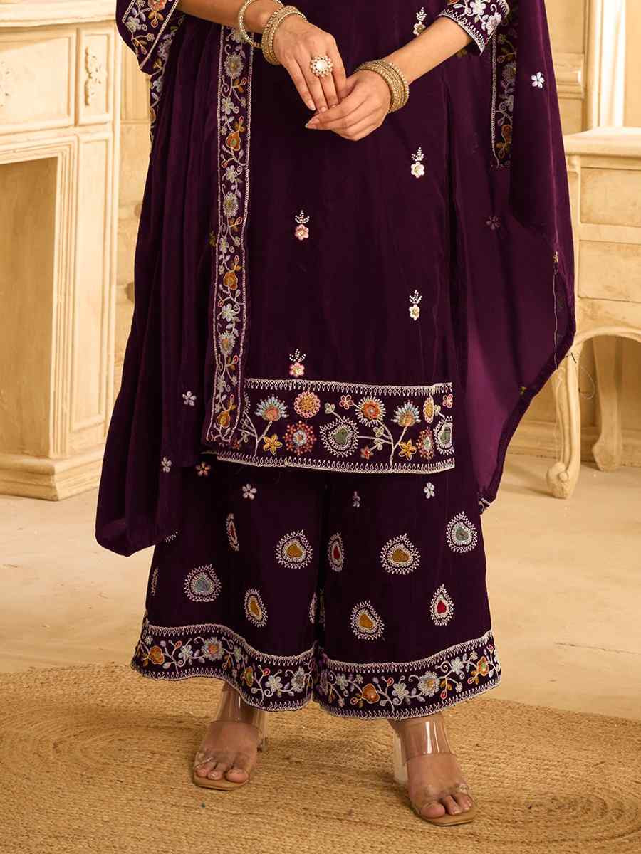 Wine Velvet Embroidered Festival Casual Palazzo Pant Salwar Kameez