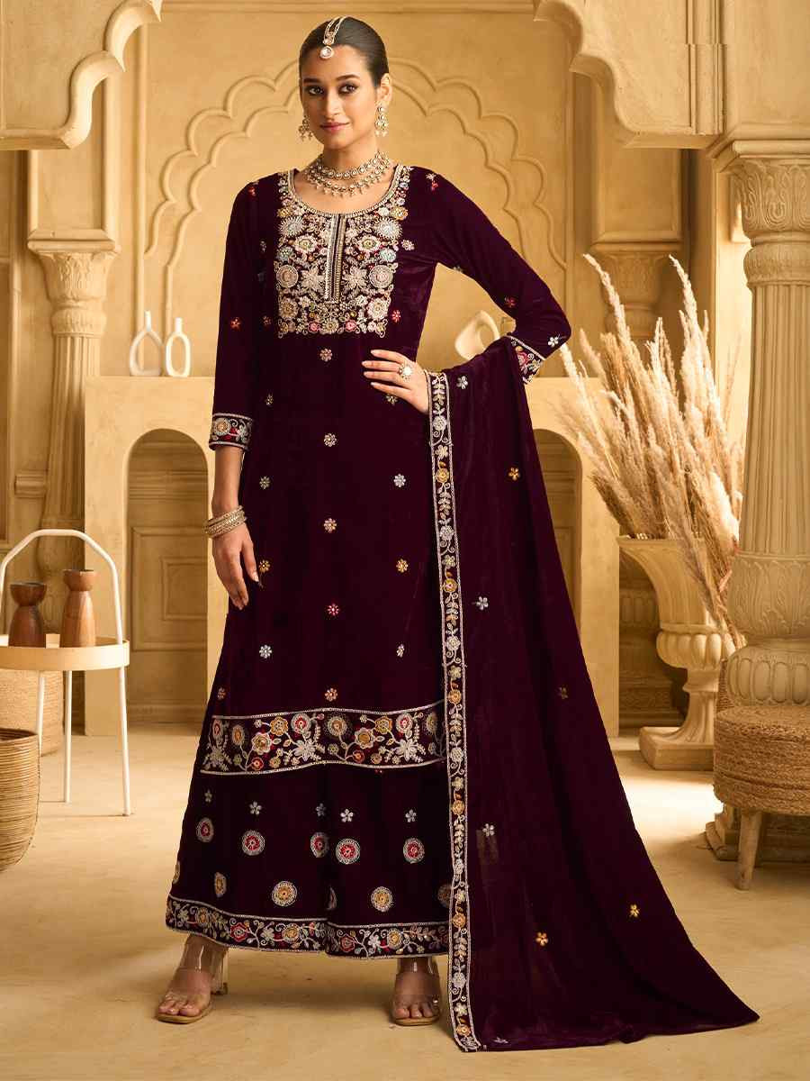 Wine Velvet Embroidered Festival Casual Palazzo Pant Salwar Kameez
