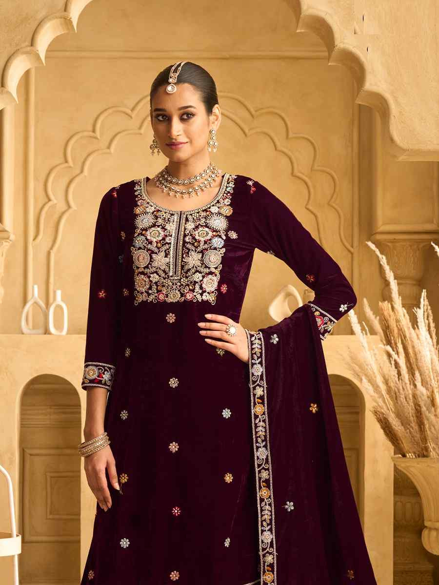 Wine Velvet Embroidered Festival Casual Palazzo Pant Salwar Kameez